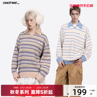 CANOTWAIT陈伟霆拼色条纹POLO领套头毛衣慵懒针织衫秋冬男女新品
