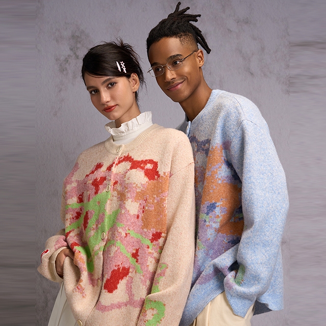 蜡笔涂画形式的手绘彩色提花 情侣同款