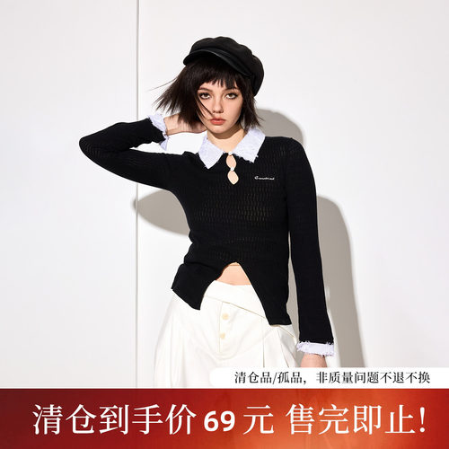 【陈伟霆】CANOTWAIT拼接翻领修身针织打底衫假两件女款早春新品