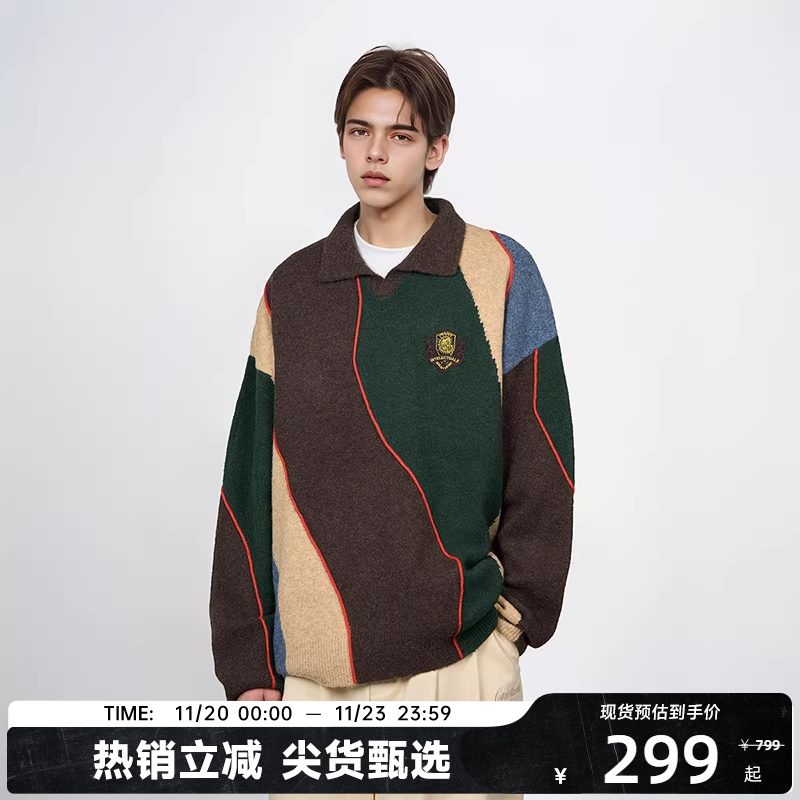 陈伟霆CANOTWAIT复古拼接毛衣