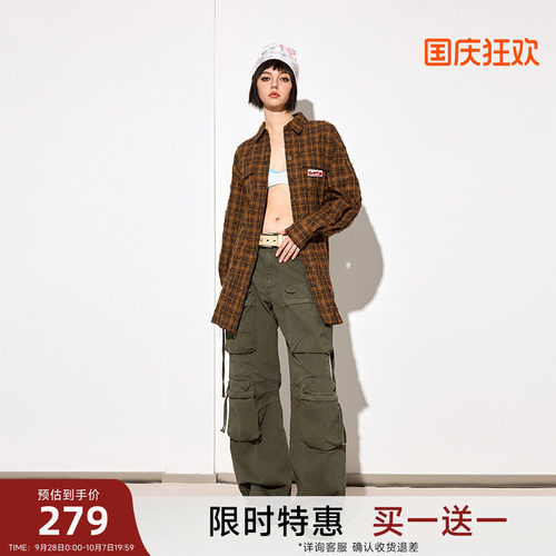 【买1送1】【陈伟霆】CANOTWAIT美式复古翻领格纹长袖衬衫连衣裙