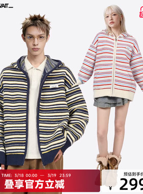 CANOTWAIT 拼色条纹连帽拉链毛衣外套情侣款秋冬百搭宽松休闲上衣