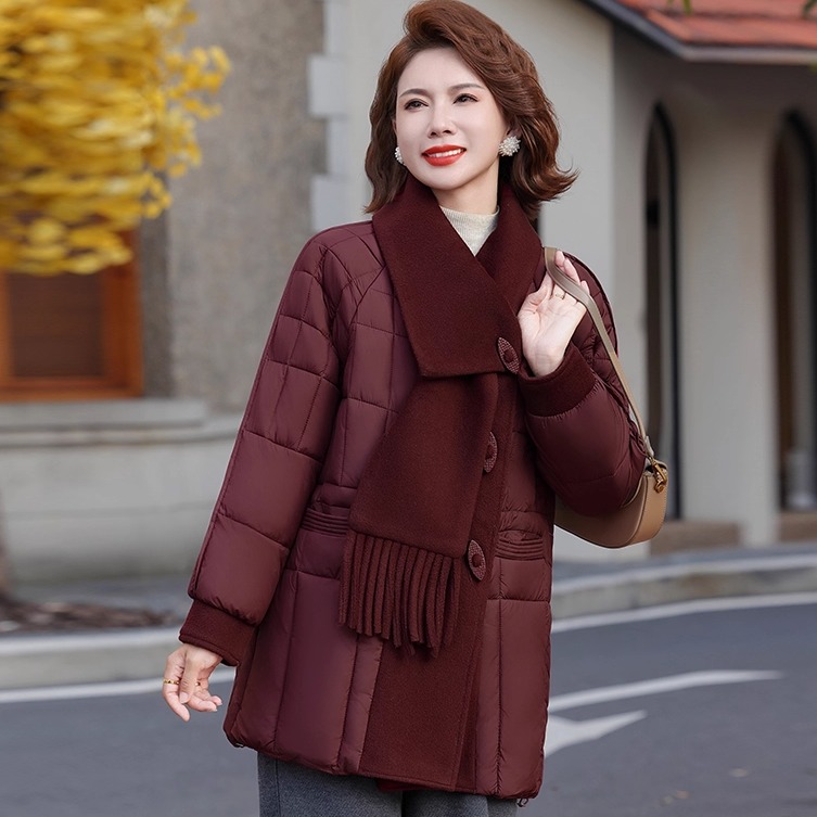 妈妈冬装羽绒棉服中长款时尚洋气中老年人冬季围巾领外套女款50岁