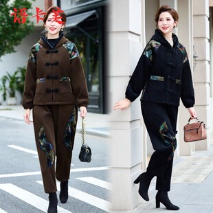 女秋冬季 连帽外套灯芯绒套装 中老年人加厚民族风两件套 时尚 妈妈装