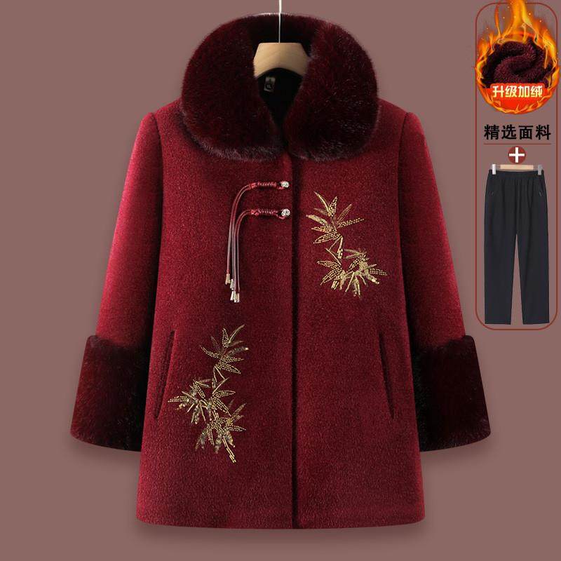 中老年人冬装女大衣奶奶装毛领外套妈妈加厚毛呢中长款老太太保暖