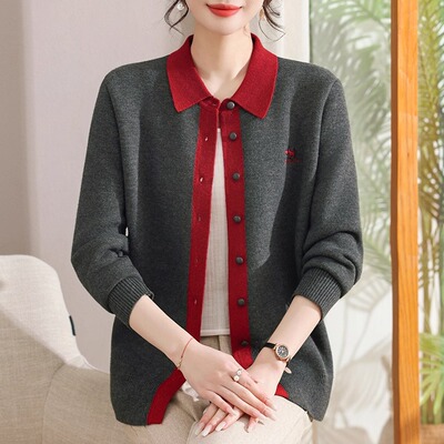 撞色翻领加厚宽松针织开衫毛衣女