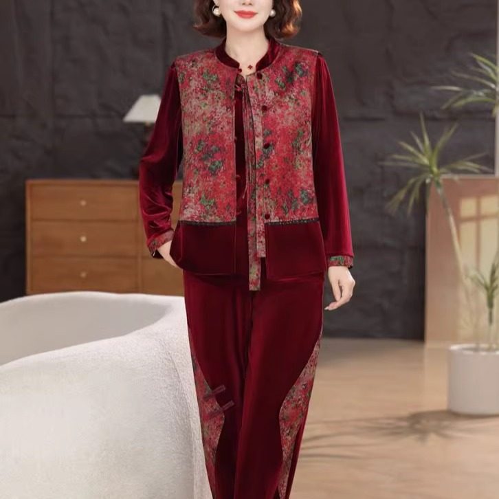中年妈妈秋装休闲金丝绒套装2025新款国风中老年人春秋时尚三件套