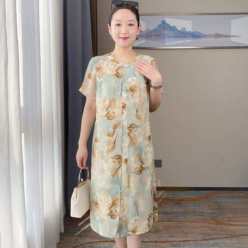 中年妈妈连衣裙夏装2023新款气质高级感50岁中老年女雪纺过膝裙子
