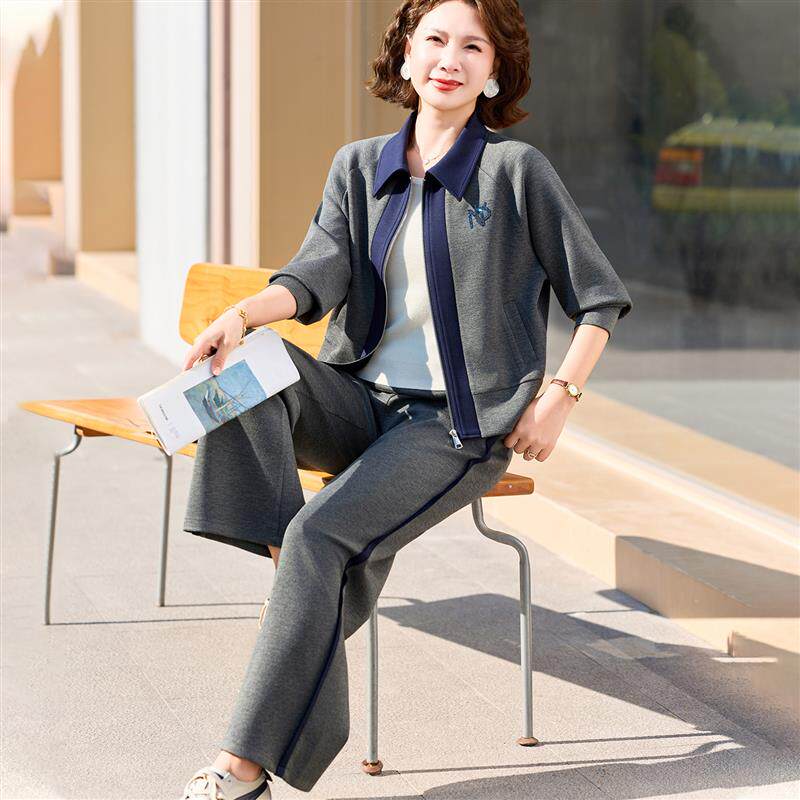 洋气妈妈春装休闲套装中年女翻领短款外套中老年运动服长裤两件套