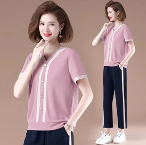 妈妈夏装套装洋气短袖T恤2023新款中老年人运动服女士夏季两件套