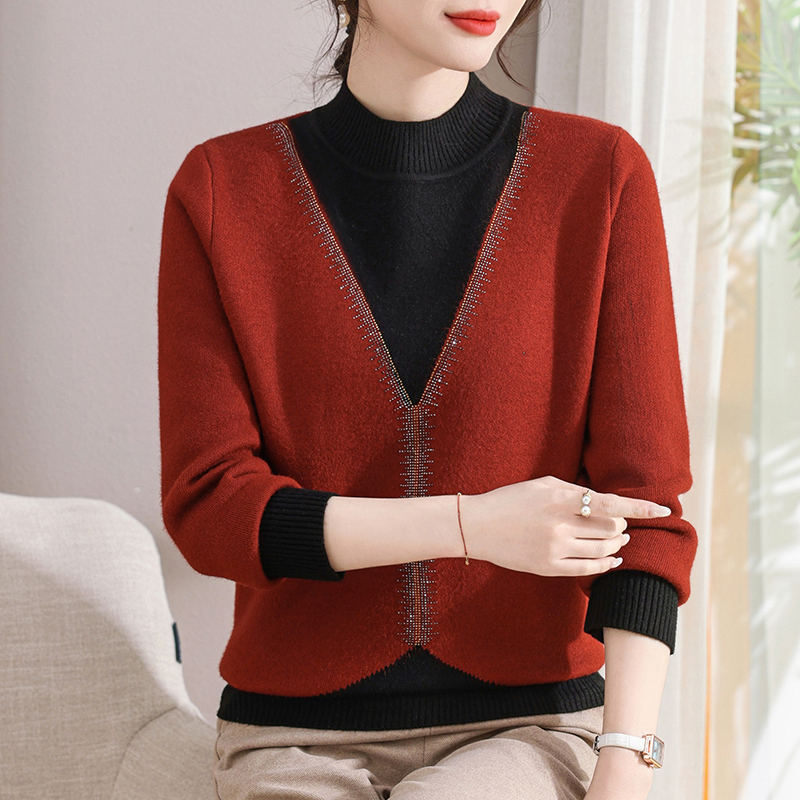 妈妈装假两件加绒加厚毛衣