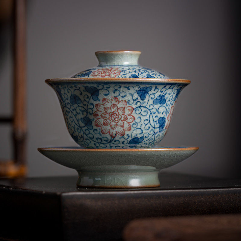 景源春盖碗手绘釉下彩仿古陶开片