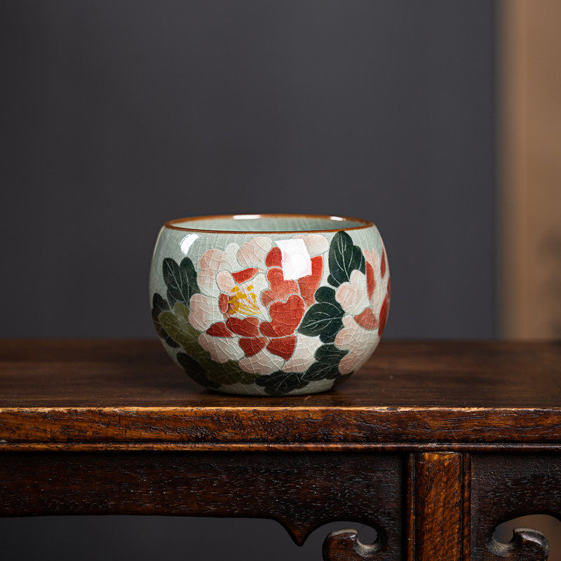 景德镇老陶泥复古主人杯手绘牡丹茶杯釉下五彩陶瓷单杯柴窑纯手工