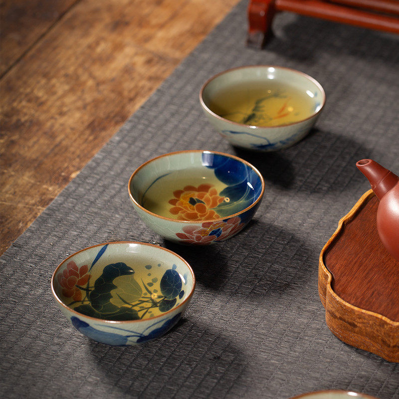 景德镇手绘青花普洱杯内画荷花虾趣鱼戏主人杯单全手工老泥小茶杯