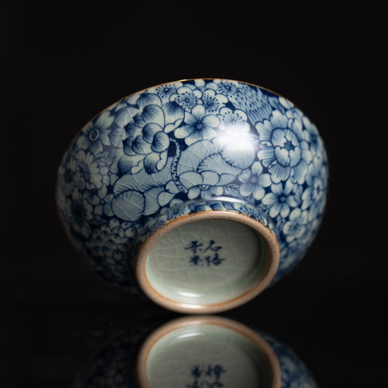 景德镇老陶泥青花茶杯个人专用手绘万花满画主人杯女士高档普洱杯