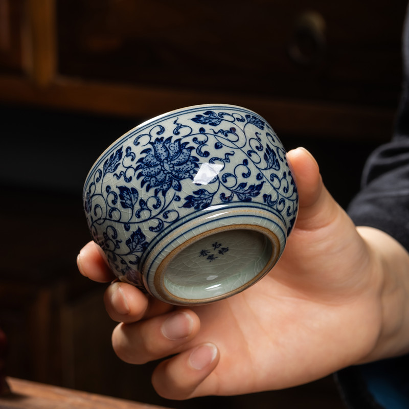 景德镇老陶泥柴窑青花主人杯手绘缠枝莲茶杯纯手工高端单杯釉下彩