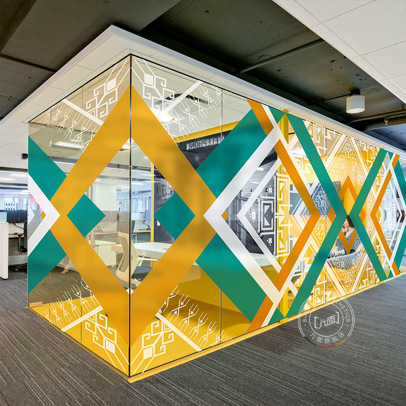 定制彩色几何静电磨砂玻璃贴膜艺术创意办公室隔断防窥视透明贴纸