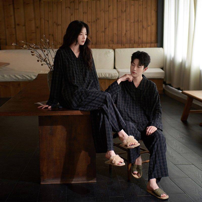 莎倩新款情侣睡衣2025年春秋季泡泡梭织棉女士家居服男士外穿套装