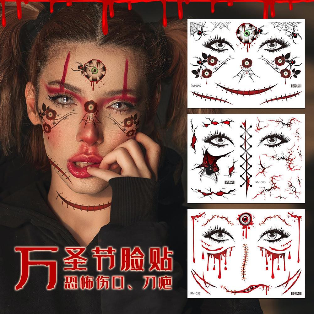 跨境新款万圣节伤疤纹身贴真脸部假伤口恐怖贴纸脸贴防水妆容贴