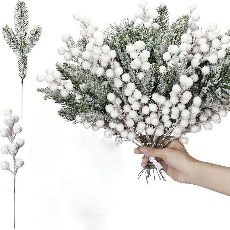 亚马逊跨境圣诞树节日装饰花真花束插枝雪花浆果三叉雪松树枝花