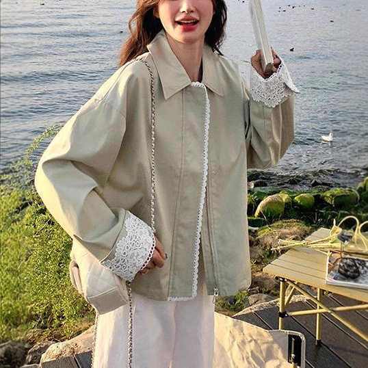 花边拼接翻领长袖夹克外
