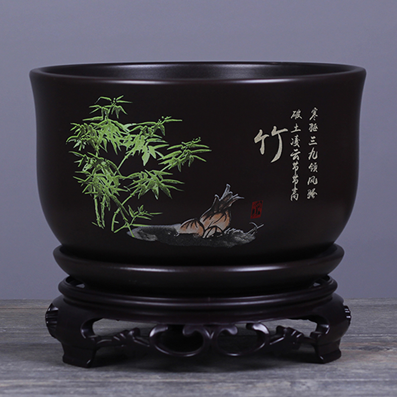 花盆陶瓷带底座古风砂釉透