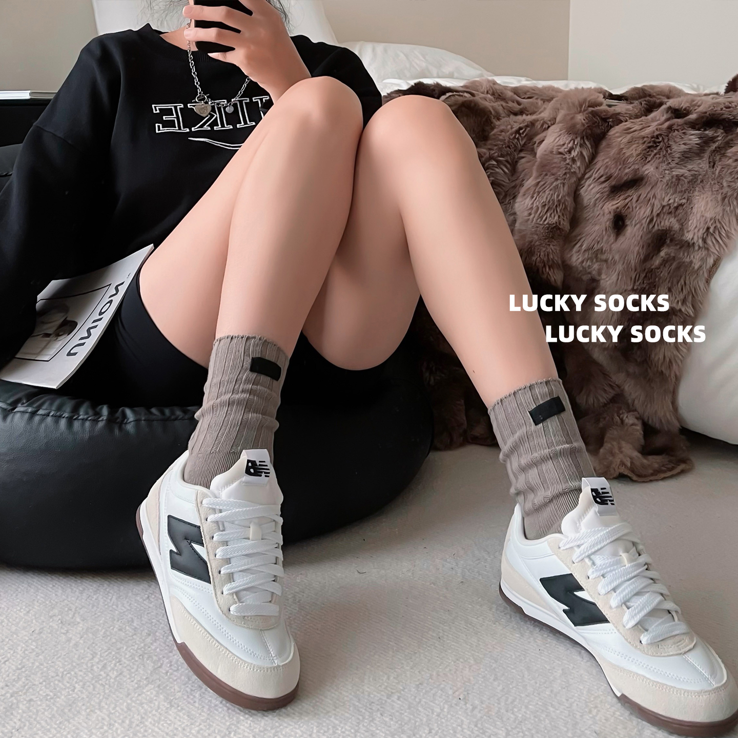 运动竖条纹百搭袜子秋冬保暖粗线