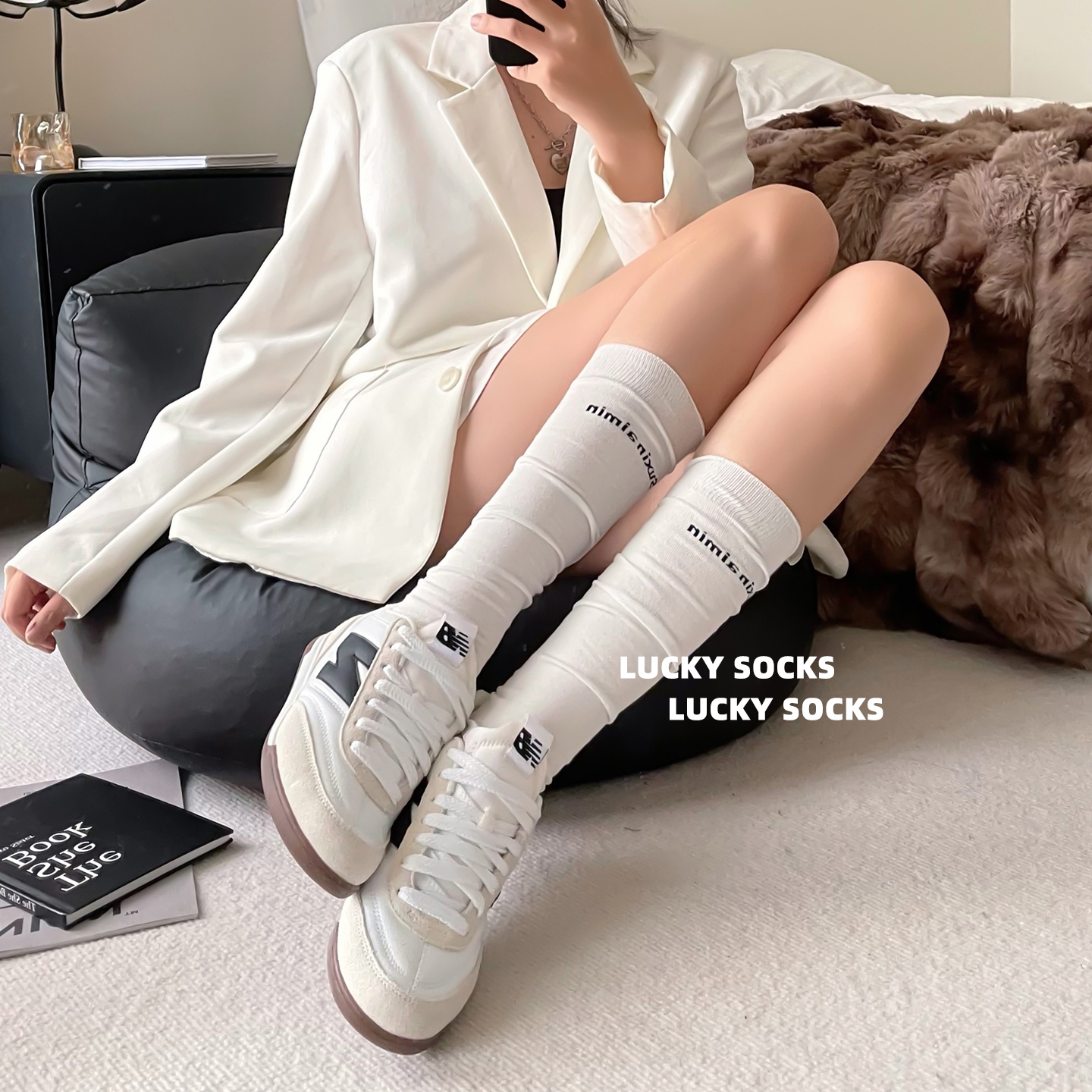 运动字母小腿袜棉质透气堆堆袜