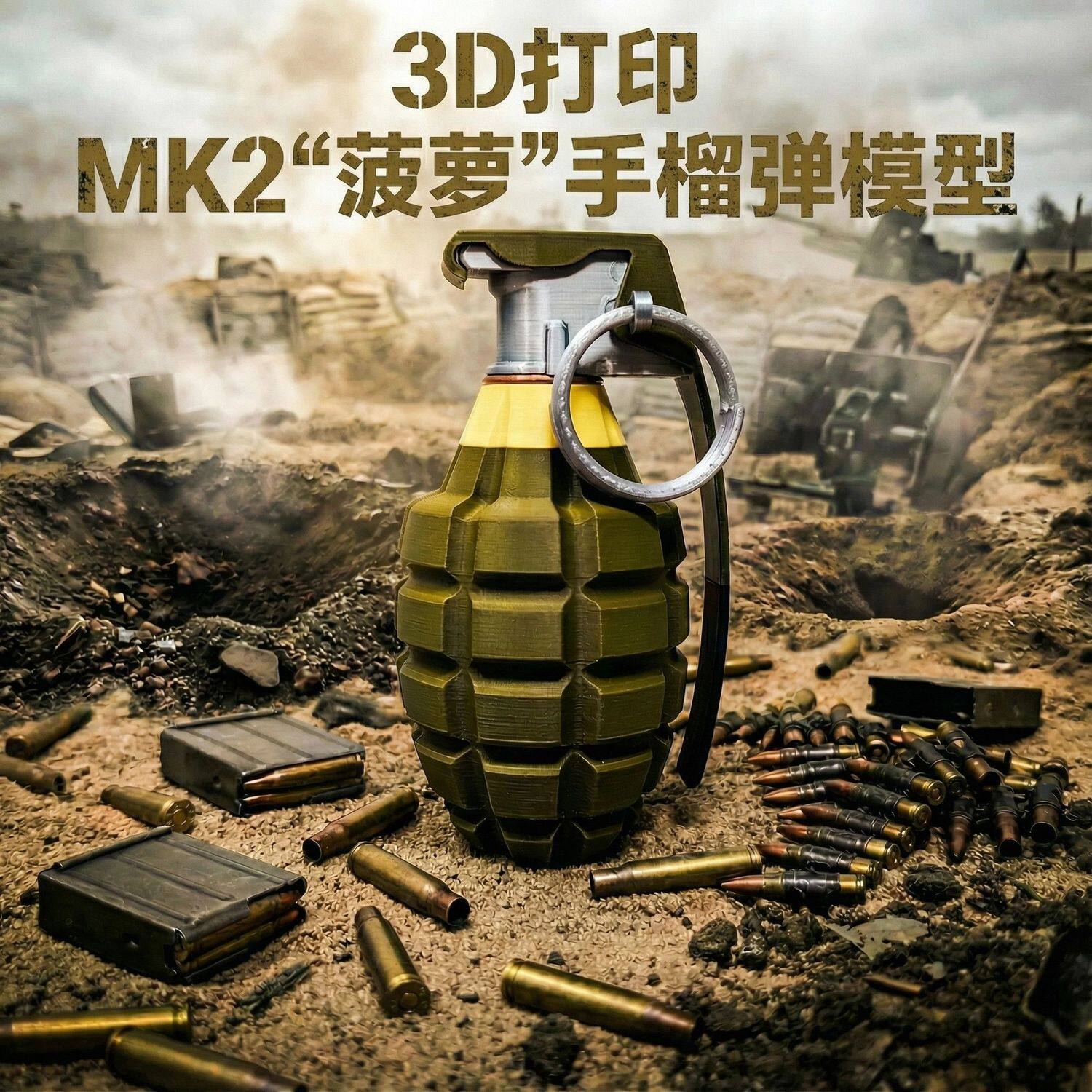 【新款】美军MK2手榴弹模型菠萝手雷军事模型玩具3d打印军模教具