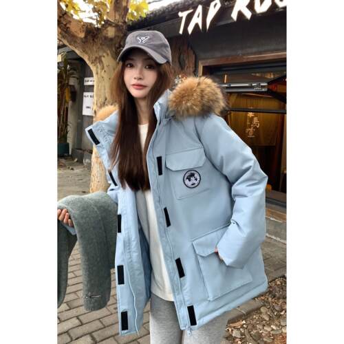 羽绒服女中长款2024年新款冬季白鸭绒情侣款学生派克服工装外套女