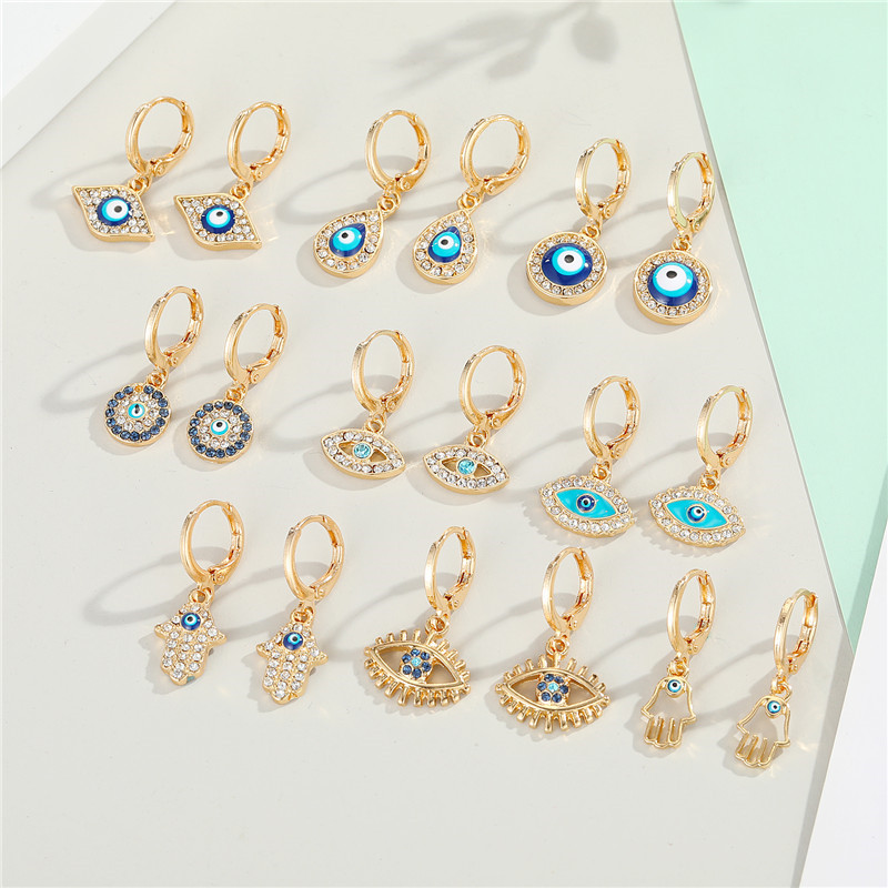 1Pair Rhinestone Evil Eye Fatima Hand Hoop Earrings Women