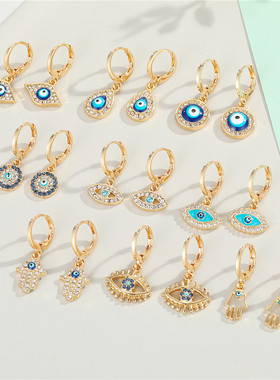 1Pair Rhinestone Evil Eye Fatima Hand Hoop Earrings Women