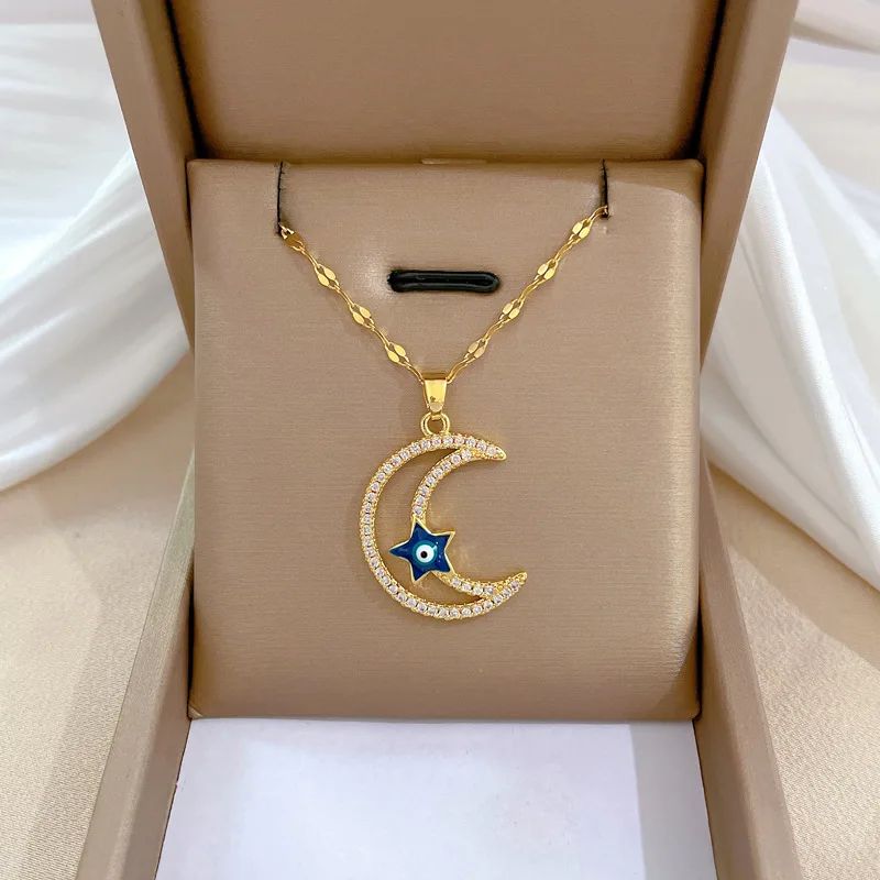 Stainless Steel Crescent Moon Star Necklace Men Women