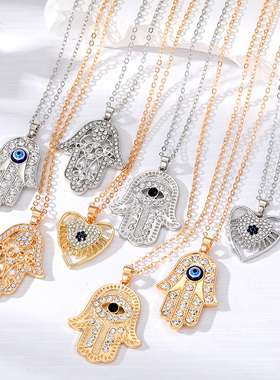 Hollow Zircon Heart Evil Eye Hand Hamsa Necklace Women