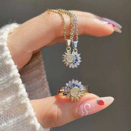Couple Sun And Moon Pendant Necklace And Open Ring Gift