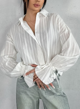 Loose flared sleeve collared shirt women宽松喇叭袖翻领衬衫女