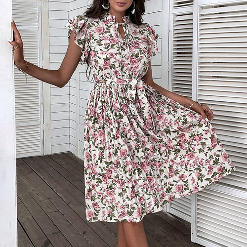 Vintage Skirt Print Mid-Length White Dress复古裙印花中长款女