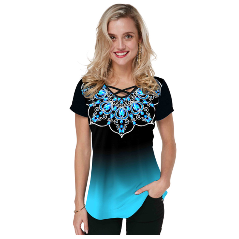 印花纽带V领休闲短袖T恤街头欧美