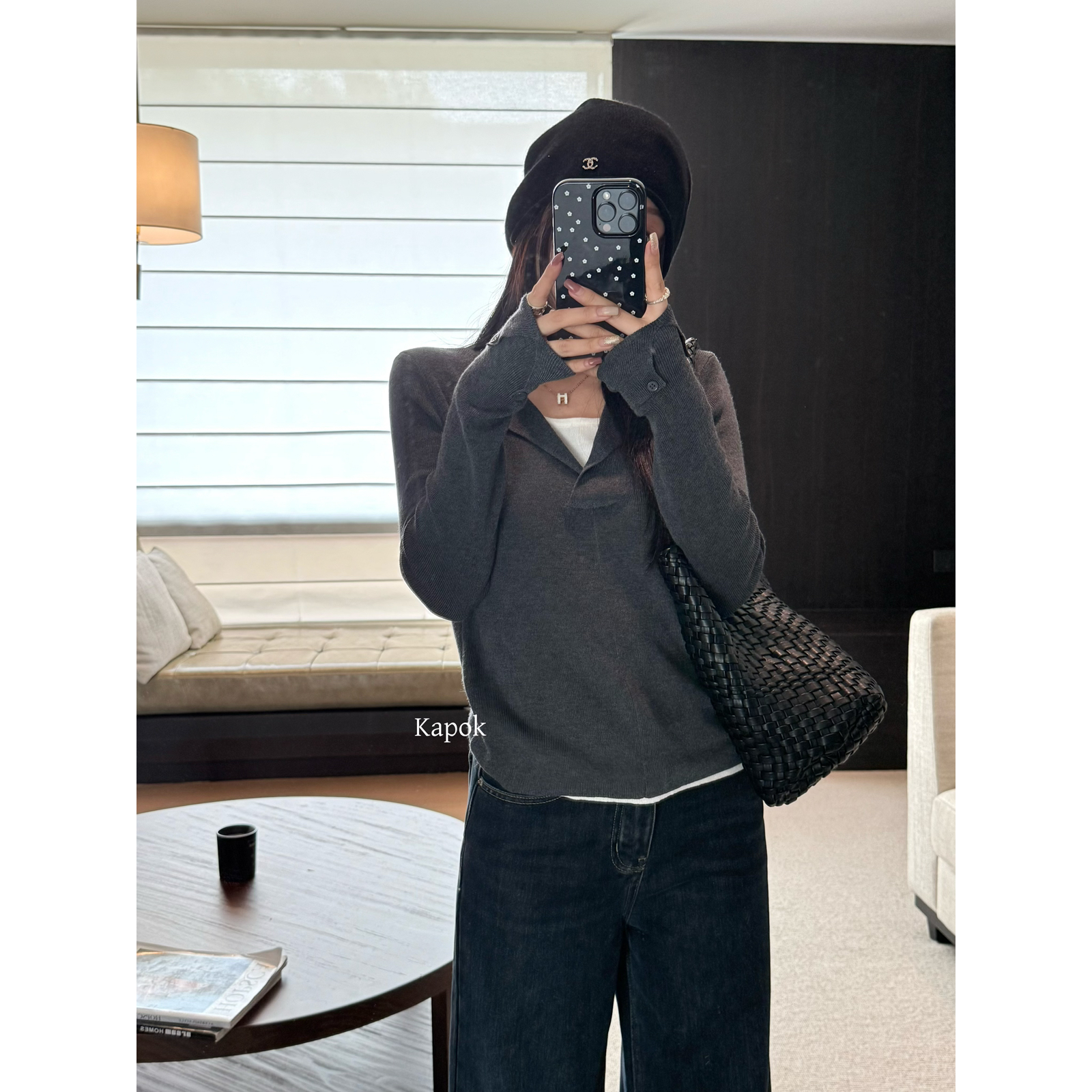 KAPOK-冬季纯色V领半开领假两件修身打底毛衣女(含6羊毛)25F013