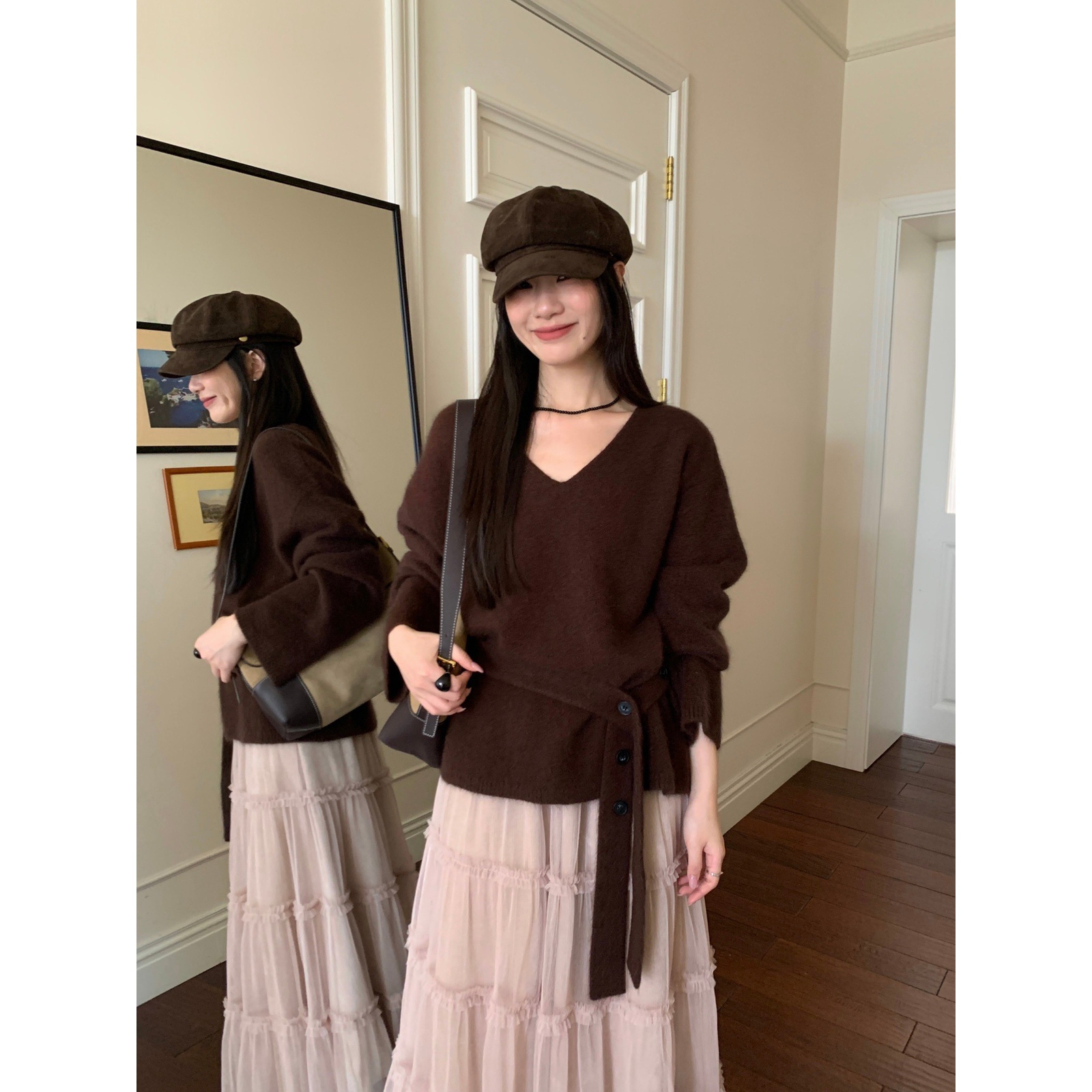 ONE TIME-古针织系带兔毛拉毛保暖毛衣(配腰带)（26兔毛）OT21121