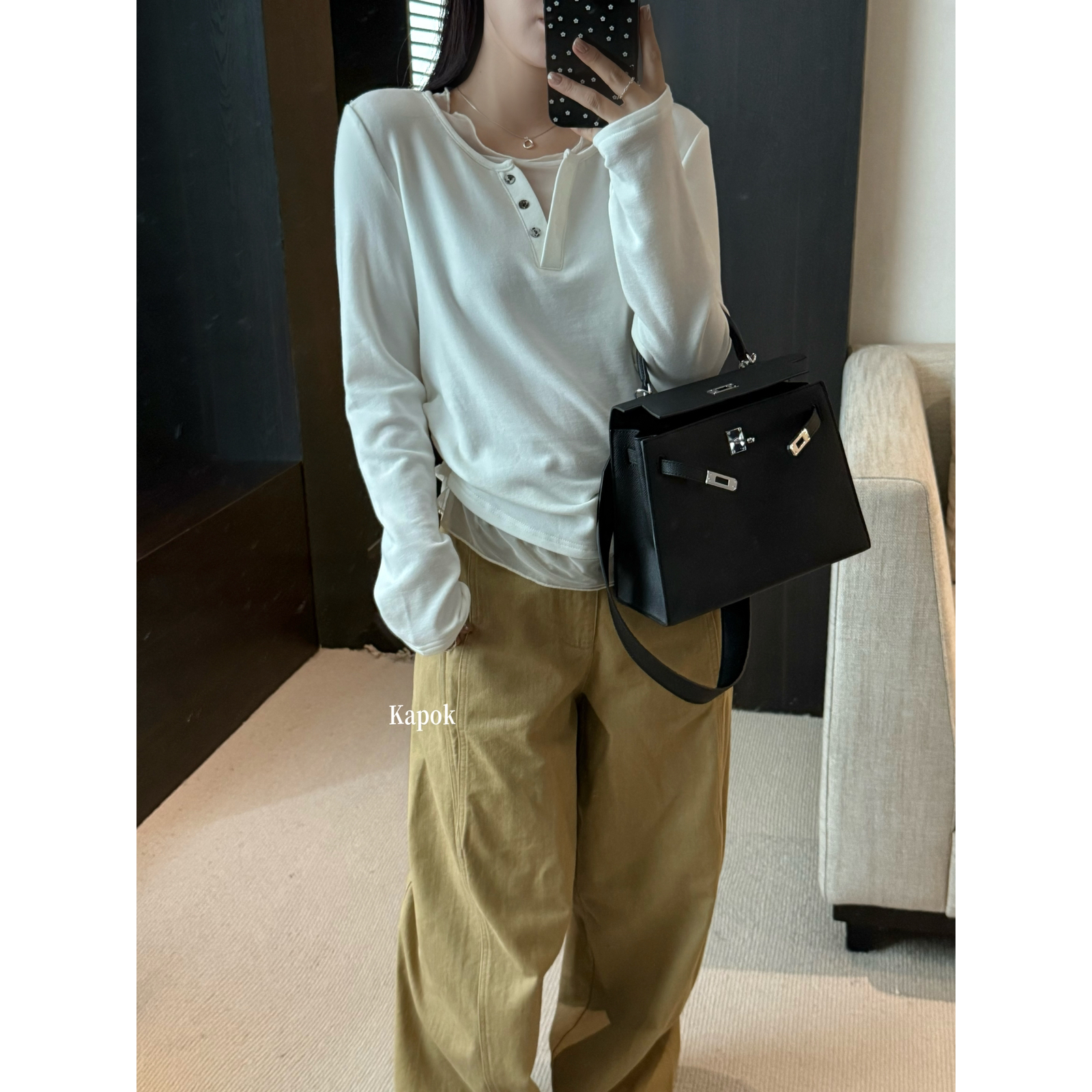 KAPOK-1000+加绒简约风蕾丝拼接假两件长袖打底上衣长袖T恤35092