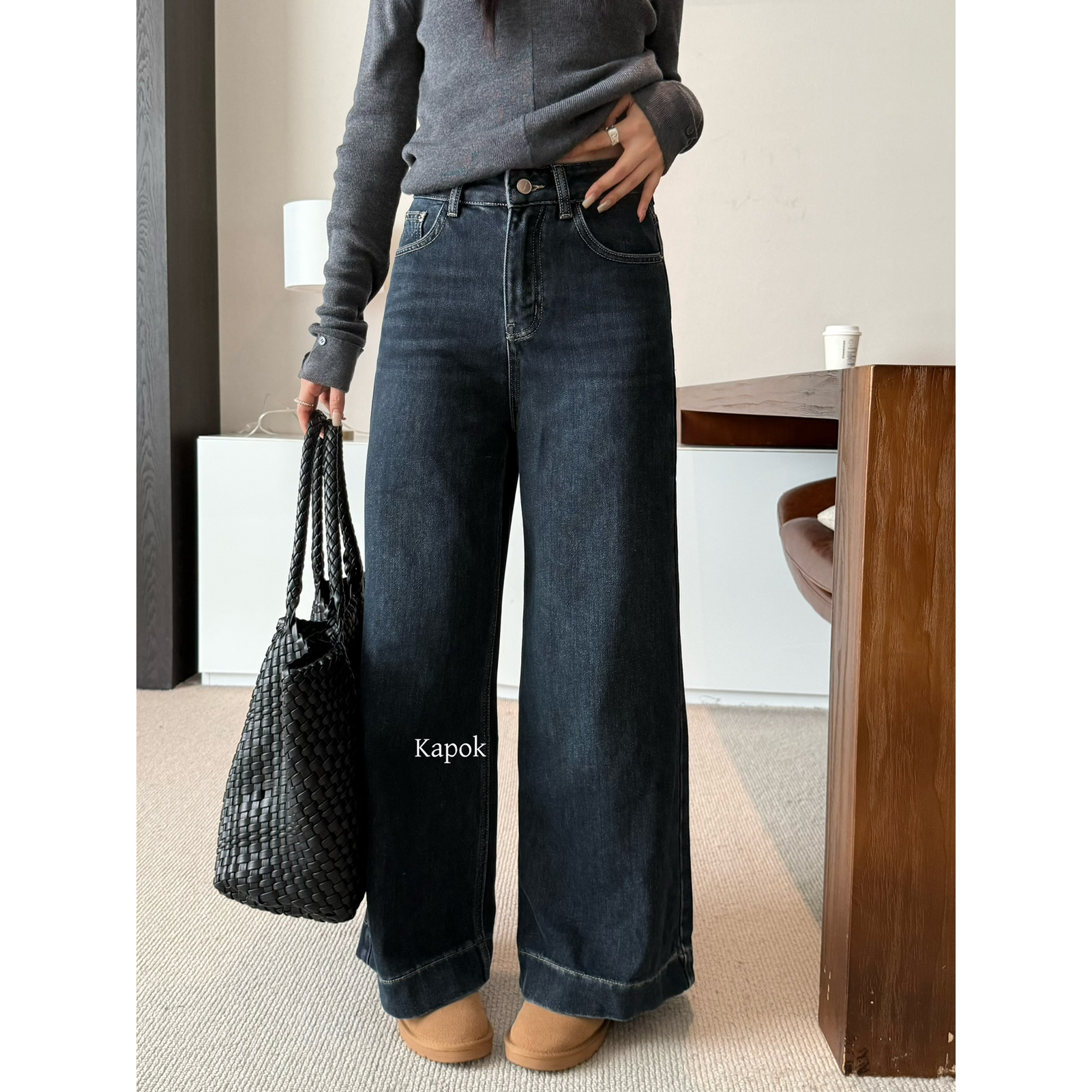 KAPOK-冬季加绒加厚巨百搭显腿长直筒牛仔裤牛仔裤(配腰带)257535