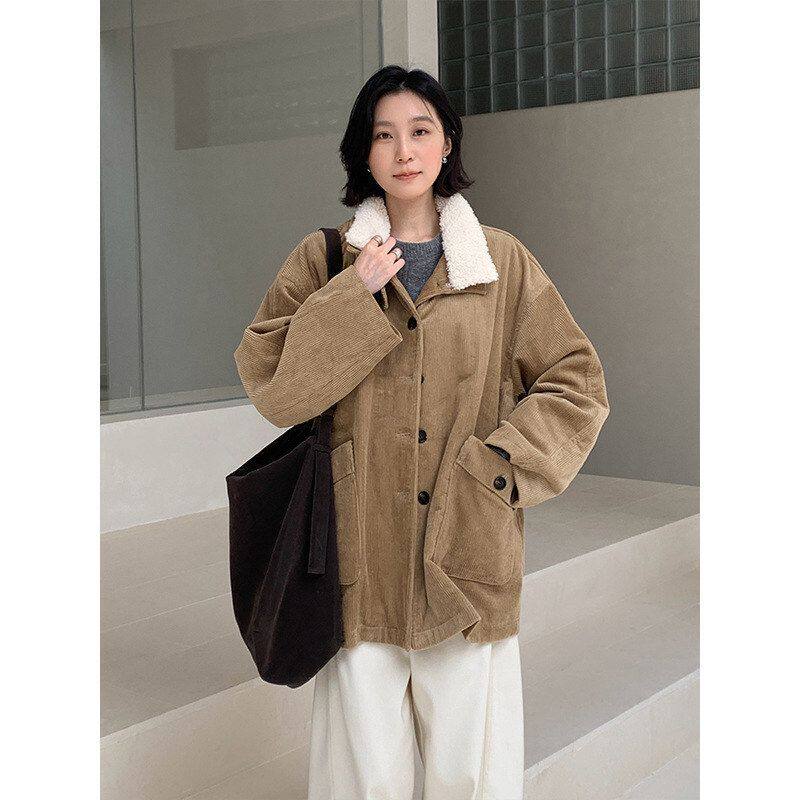THE MIND灯芯绒加厚保暖外套女2025冬装韩版简约中长款棉衣T5807D