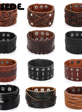 2023 New Fashion Wide Genuine Leather Bracelet for Men Brown