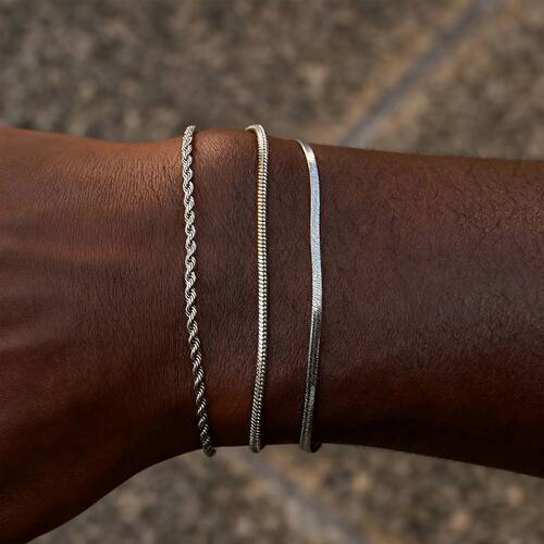 3pcs Men Thin Chain Bracelet,Never Fade Silver Color Twist
