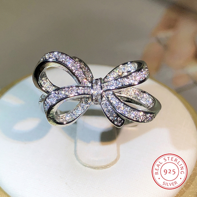 925 Sterling Silver Classic Big Bow Bow Bow Zircon Ring For