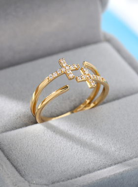 Shiny Opening Zircon Double Cross Rings For Woman Gold