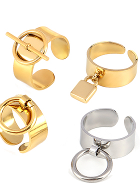 Stainless Steel Ring Gold Color Wide Ring with Circle Rings