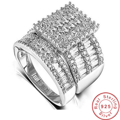 Luxury Princess cut Lab Diamond cz Ring sets 925 sterling