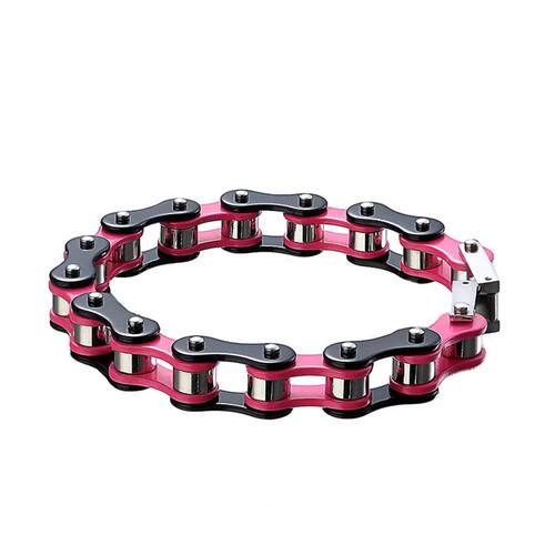 Pink Mens Bracelets, Black Biker Bicycle Link Bracelet For